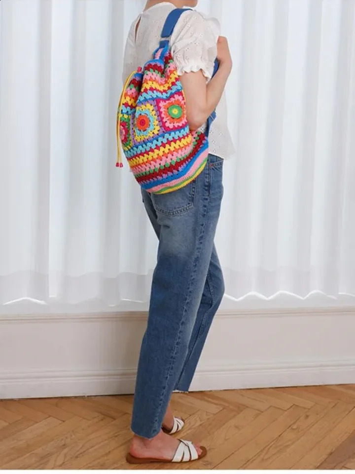 Bohemian crochet bucket shaped womens shoulder bag knitted grandmother square backpack handmade handbag casual travel 240913
