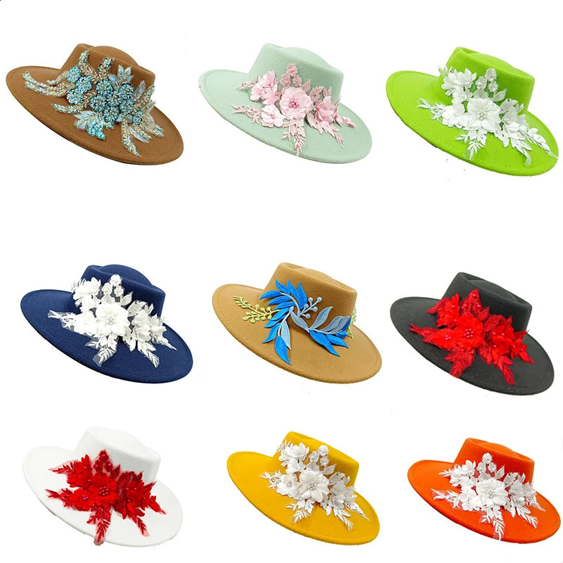 95cm brim embroidered threedimensional flower Fedora womens jazz top hat Spring and Autumn Panama French elegant fedora 240906