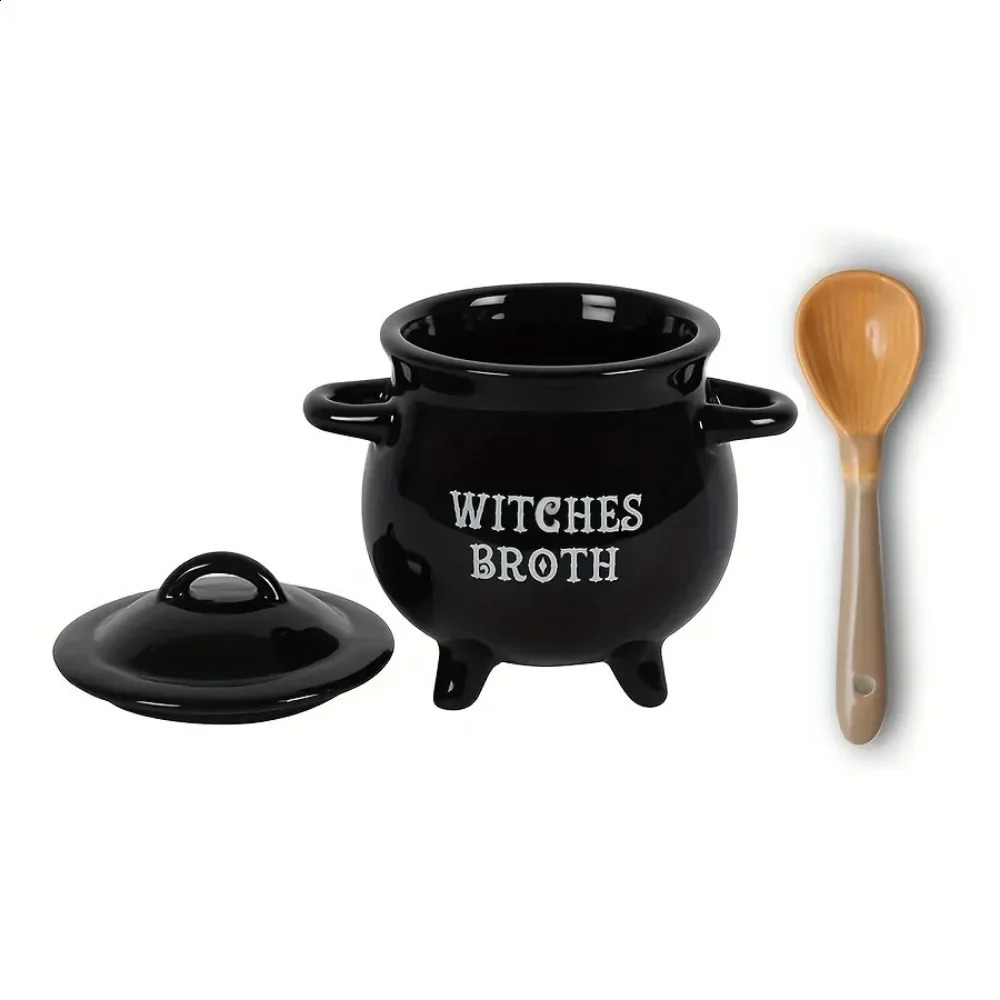 1set 22OZ Witches Brew Cauldron Mug with Lid and Spoon Black Ceramic Coffee Cups Stockpot Tabletop Decoration for Halloween Gift 240910