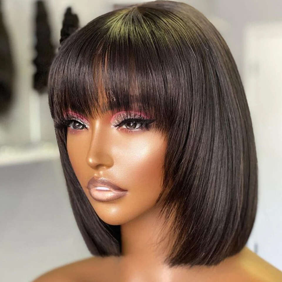 Straight Bob Wigs With Bangs Short Brazilian 200Density For Woman No Lace Full Hine Made Human Hair Wig