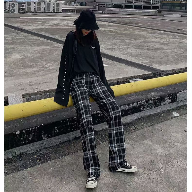 Black Plaid Pants Women's Summer Thin High Waist Wide Leg Casual Pants Loose Plaid Pants Straight Mopping Pants