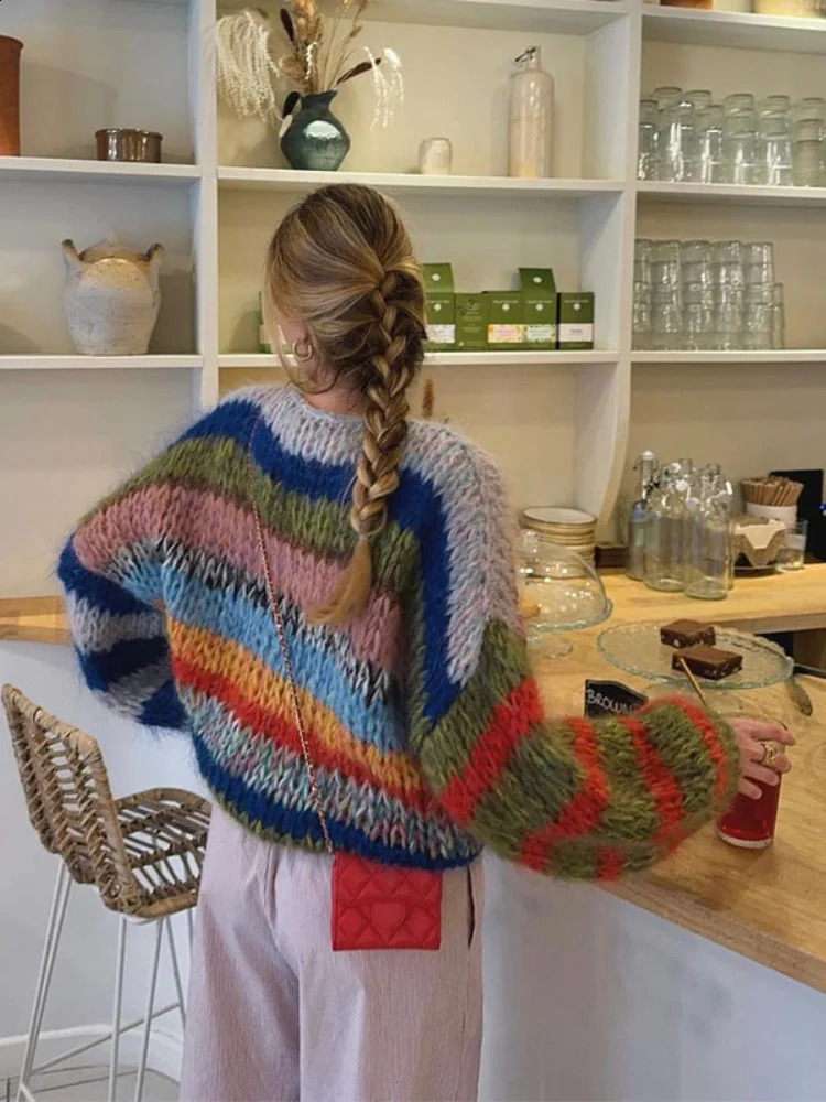 Elegant O-neck long puff sleeve knitted floral womens fashionable colorful striped oversized sweater 2024 fashionable womens coat 240914