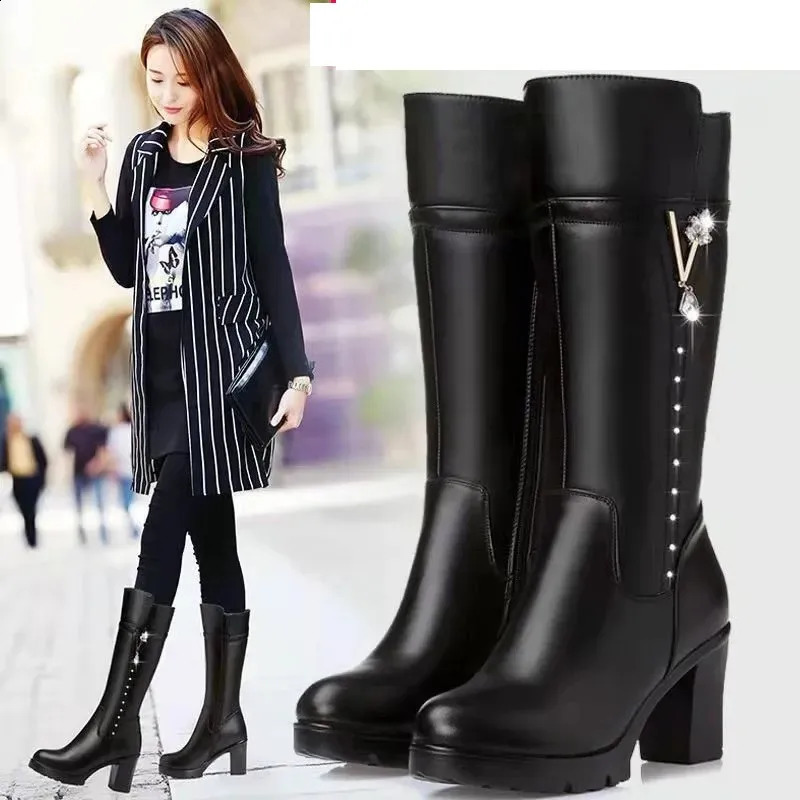Womens Boots Autumn and Winter Wool Warm Thick Boots Fashion Knee High Boots Leather Round Toe High Boots Womens Boots 240914