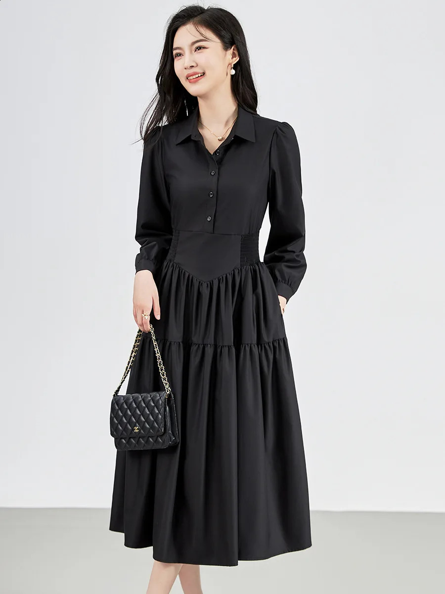 ZJYT Fashion Womens Autumn Long sleeved Midi Shirt Dress Black Turnaround Briefing Office Casual Elegant Tank Top 240913