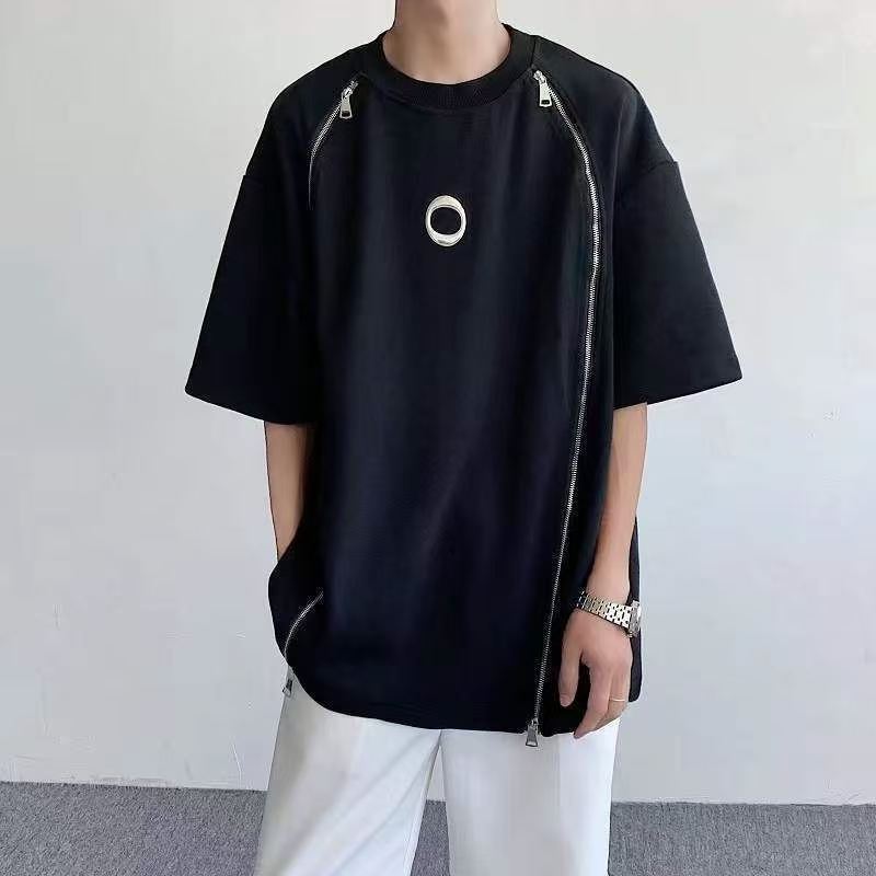 American retro heavy designer T-shirt men's summer niche design sense double zipper shoulder pad T-shirt with five sleeves