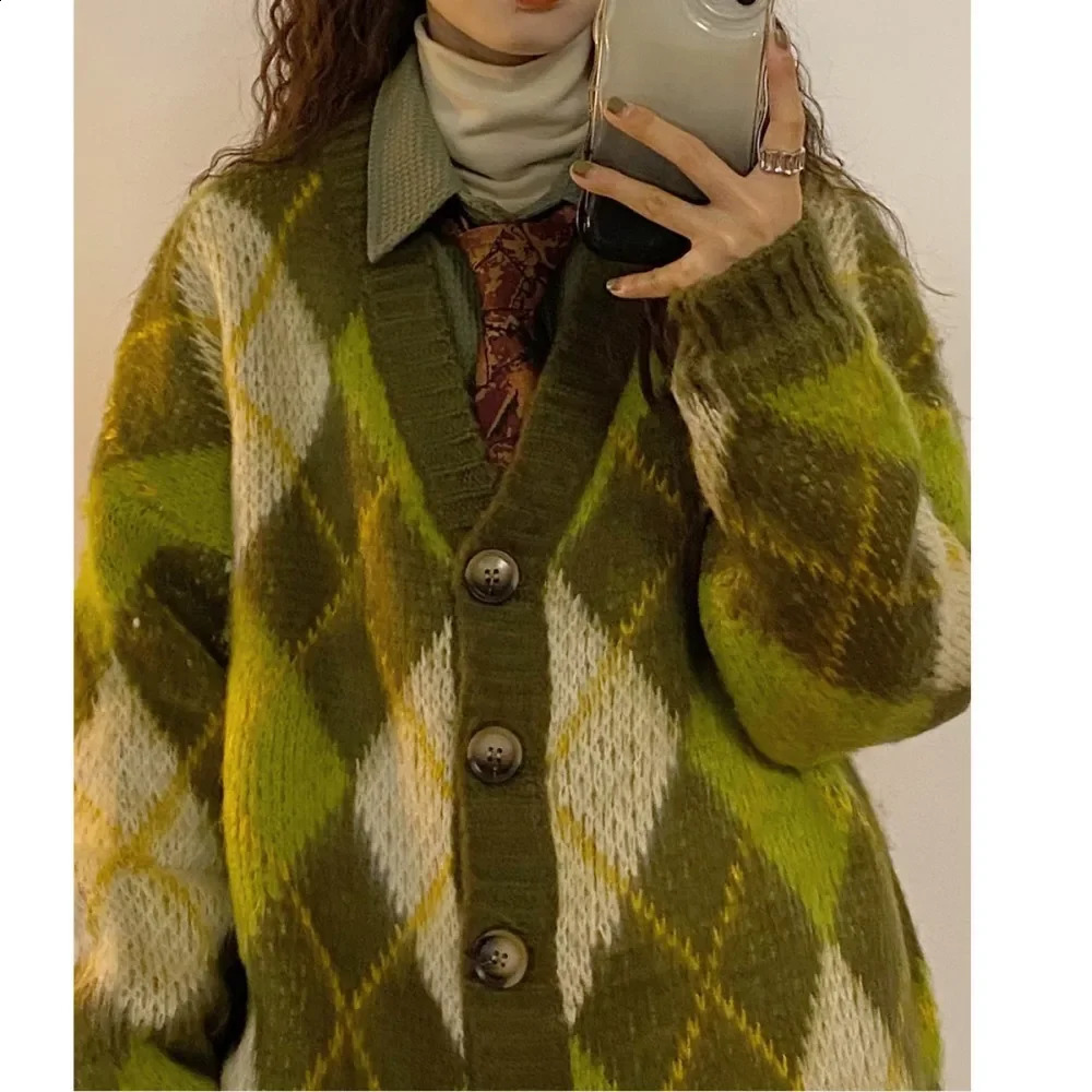 Retro American Style Loose Set Green Argyle Sweater cardigan Woolen Sweater Thick Casual Knitted Top 240914