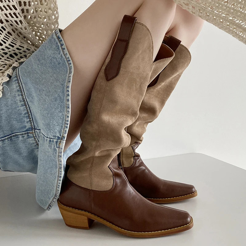 Fashionable short and chubby heel square sole western cowboy boots womens mixed color leather knight boots strapless high heels casual 240914