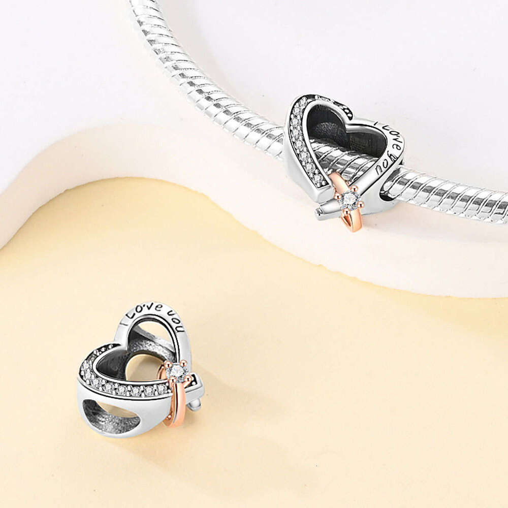 New 925 Sterling Silver Charm Romantic couple pendant with hollow out heart cz ring beads Fit Charms Silver 925 Original Bracelet DIY Jewelry Making F