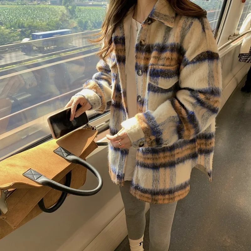 Plaid Shirt Womens Spring Winter Loose And Versatile Retro Medium Length Woolen Coat Trend 240912