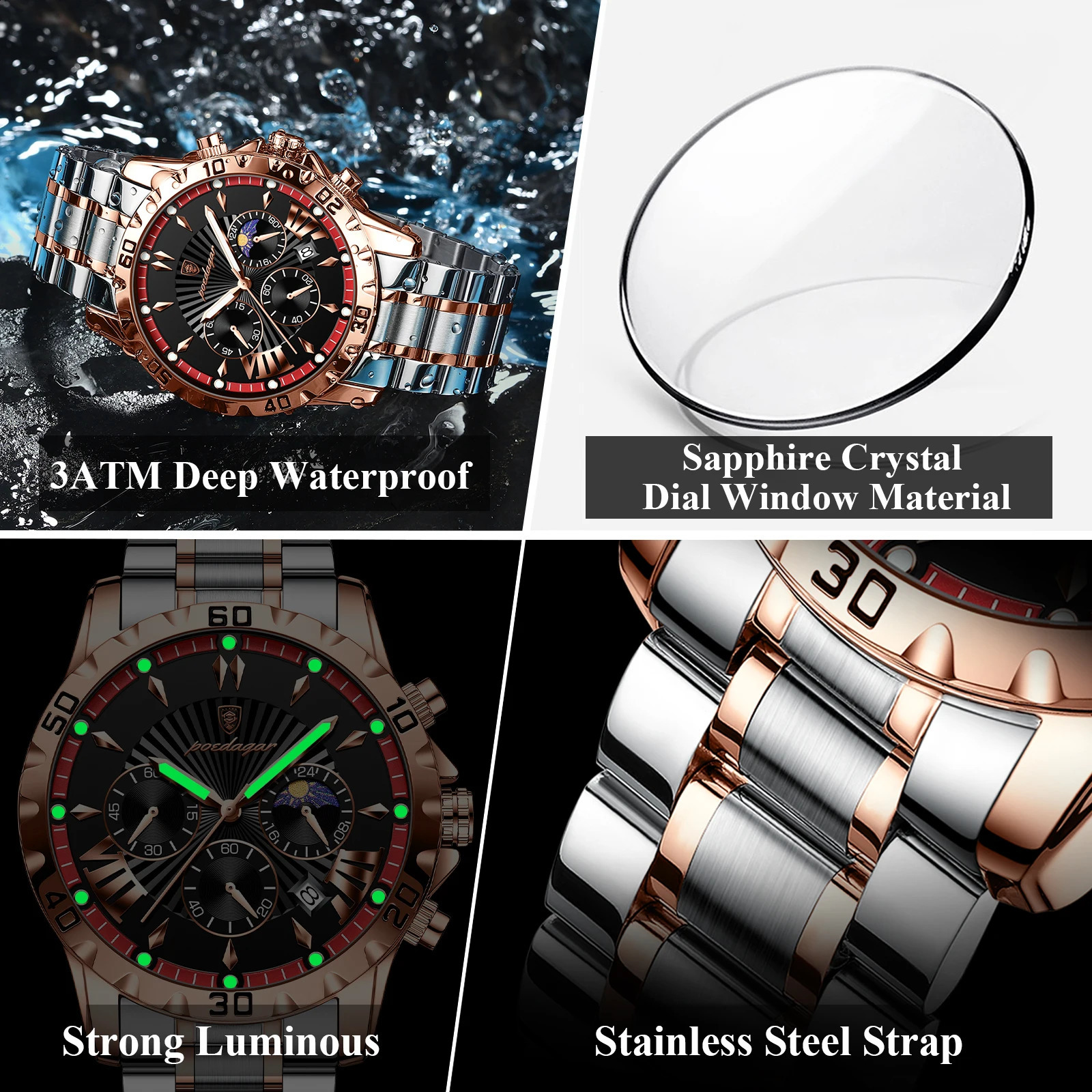 POEDAGAR High Quality Watch for Man Waterproof Luminous Chronograph Date Men Stainless Steel Quartz Mens Watches 240906
