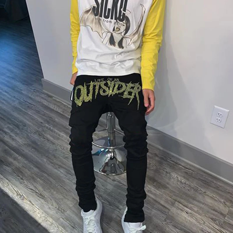 Men Trend Black Ripped Jeans Fashion Street Hole Trousers Cozy Skinny Rhinestone Stretch Soft Washed Denim Pants 240914