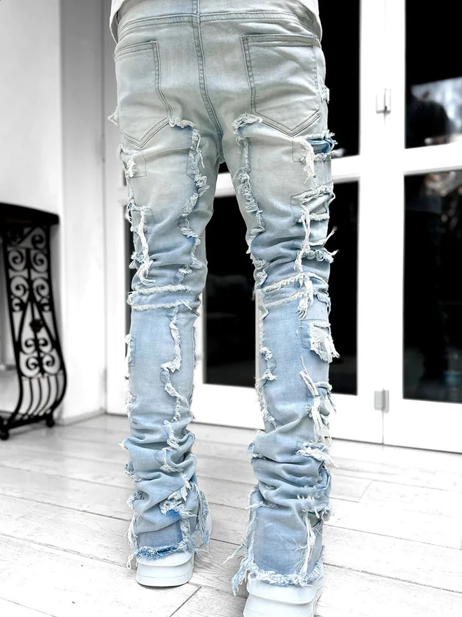 Mens Regular Fit Stacked Y2K Jeans Patch Distressed Destroyed Straight Denim Long Pants Streetwear Clothes 240912