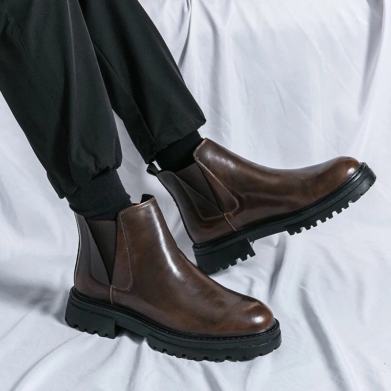 Men Platform Short Chelsea Boot British Style Microfiber Leather Autumn Winter Classic Men Brownblack Thick Soled Chelsea Boots 240914