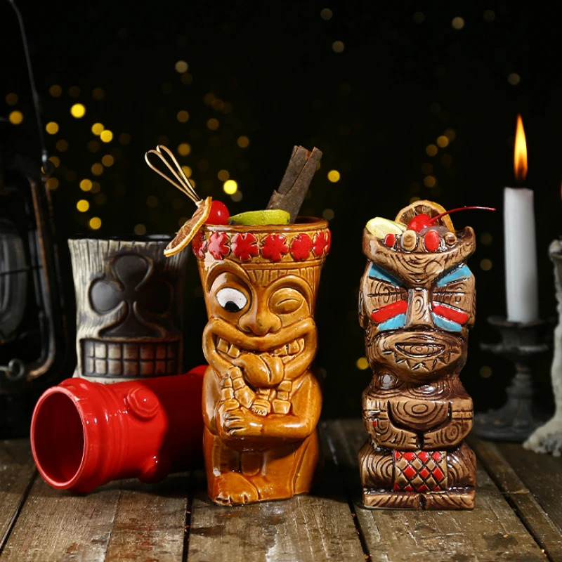 Hawaii Ceramic Tiki Mug Creative Cocktail Cup Easter Island Tiki Mugs Halloween Gift for Bar Tool 240910