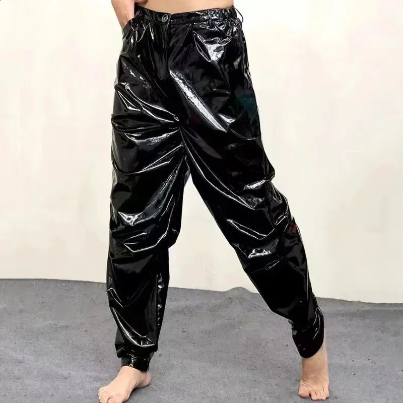 Mens mid waist shiny synthetic latex leather loose hip-hop pants with pockets mens solid color elastic PVC Trouser club uniform ly customized 240913