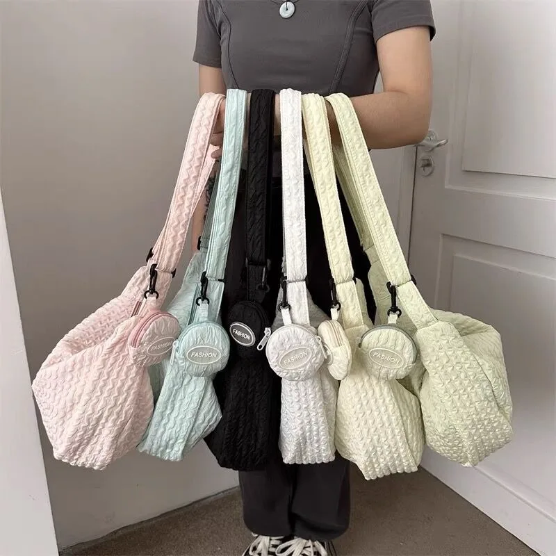 Xiuya Cloud Pleated Women Shoulder Bag Solid Color Cute Soft Lightweight Hobos Messenger Bag Casual Korean Fashion Girls Handbag