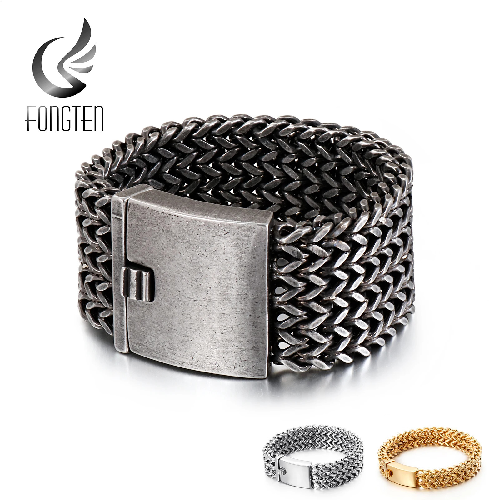 Fongten 30mm mesh chain bracelet mens stainless steel wristband charm gold silver jewelry 240912