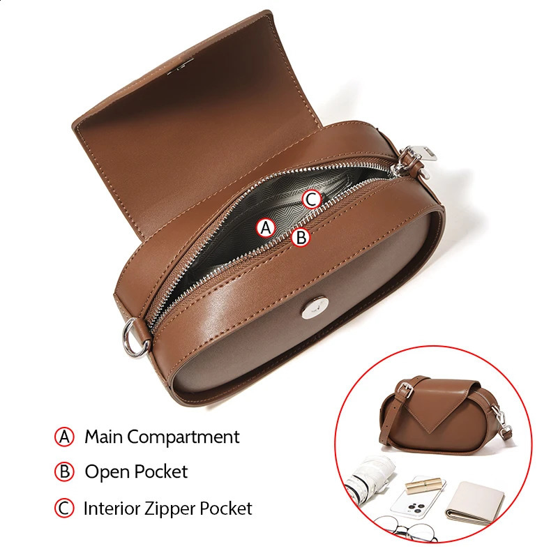 FOXER Round Shoulder Bag Womens Buckle Split Leather Messenger Bag Womens Fashion Zipper Adjustable Cross Bag Womens Gift 240912
