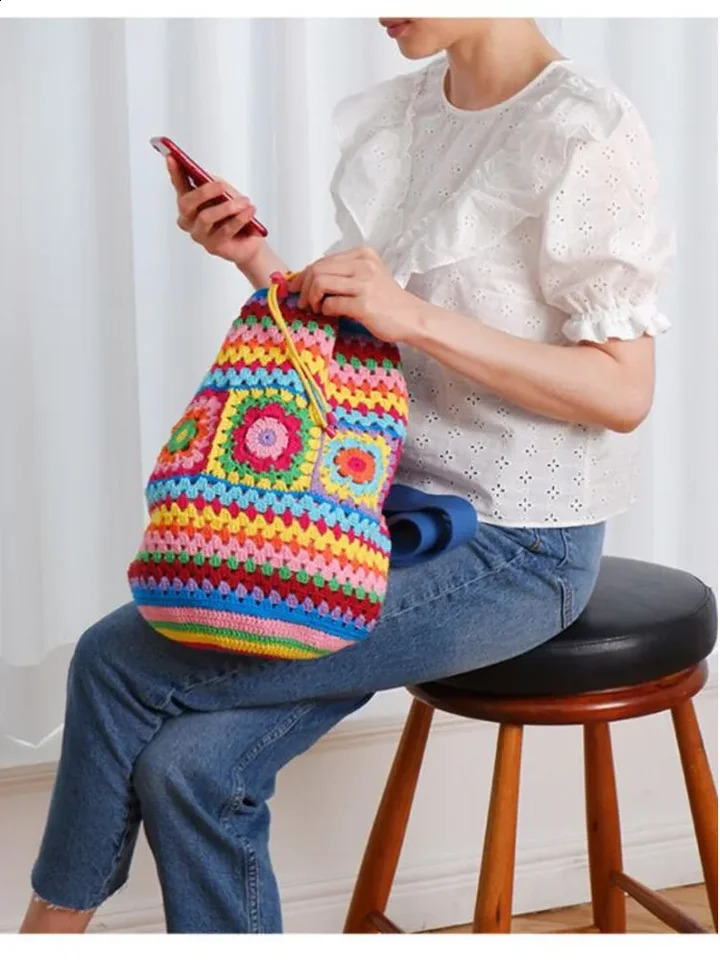 Bohemian crochet bucket shaped womens shoulder bag knitted grandmother square backpack handmade handbag casual travel 240913