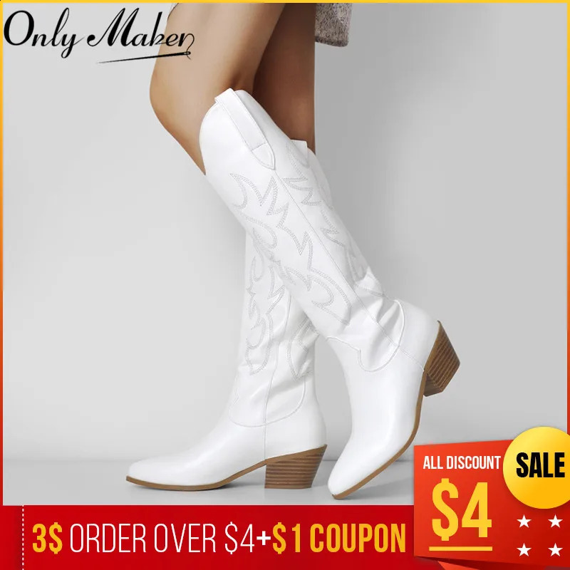 Onlymaker Womens White Knee High Boots Western Cowboy Boots Wide calf Embroidered Corner Toe Block Heel Pull up Cowboy Boots 240914