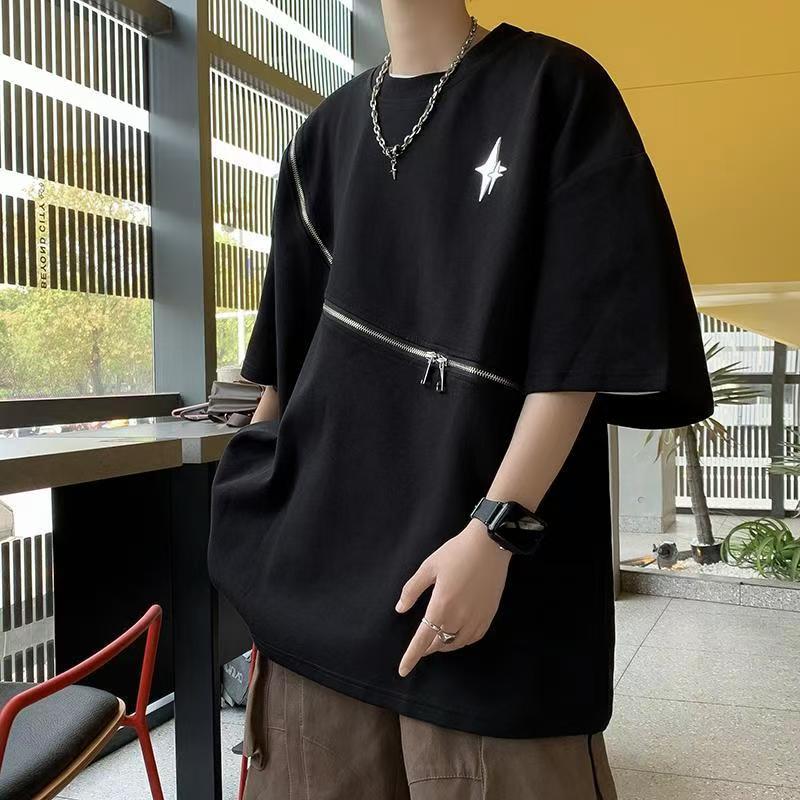 American high street dark niche design zipper designer T-shirt men's ins fashion brand handsome loose half-sleeve shirt