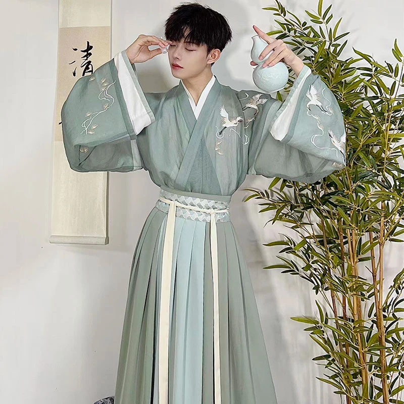 Elegant Pine and Crane Embroidered Hanfu Dress for Men: Traditional Chinese Hanfu Outfit