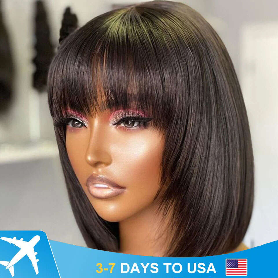 Brazilian Short Straight Wigs Human Hair With Bangs Remy Full Hine Made For Women Non Lace Glueless Bob Wig