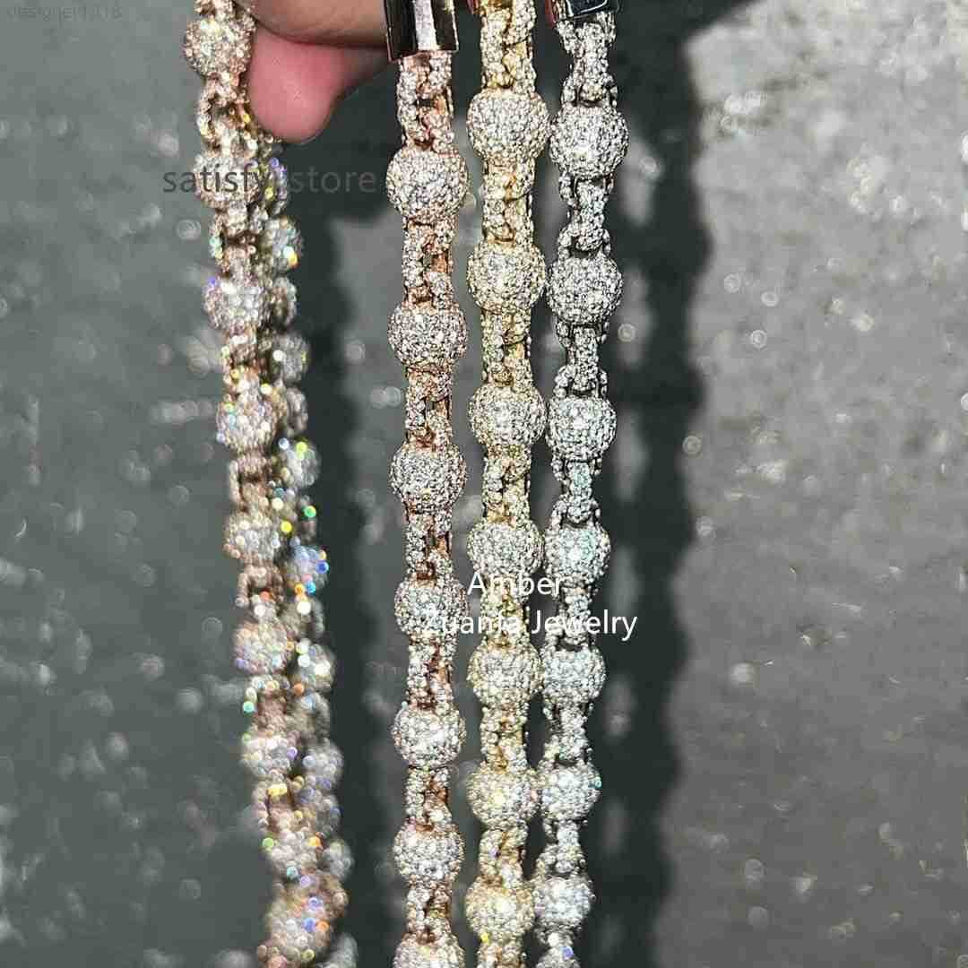 Hip Hop Round Bead 3d Design Chains Men Necklace Moissanite Diamond Vvs Hand Setting 925 Sterling Silver