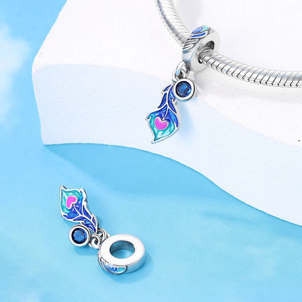 New 925 Sterling Silver Charm Colorful Stone Leaf Buckle Feather Pendant with blue enamel beads Fit Charms Silver 925 Original Bracelet DIY Jewelry Ma