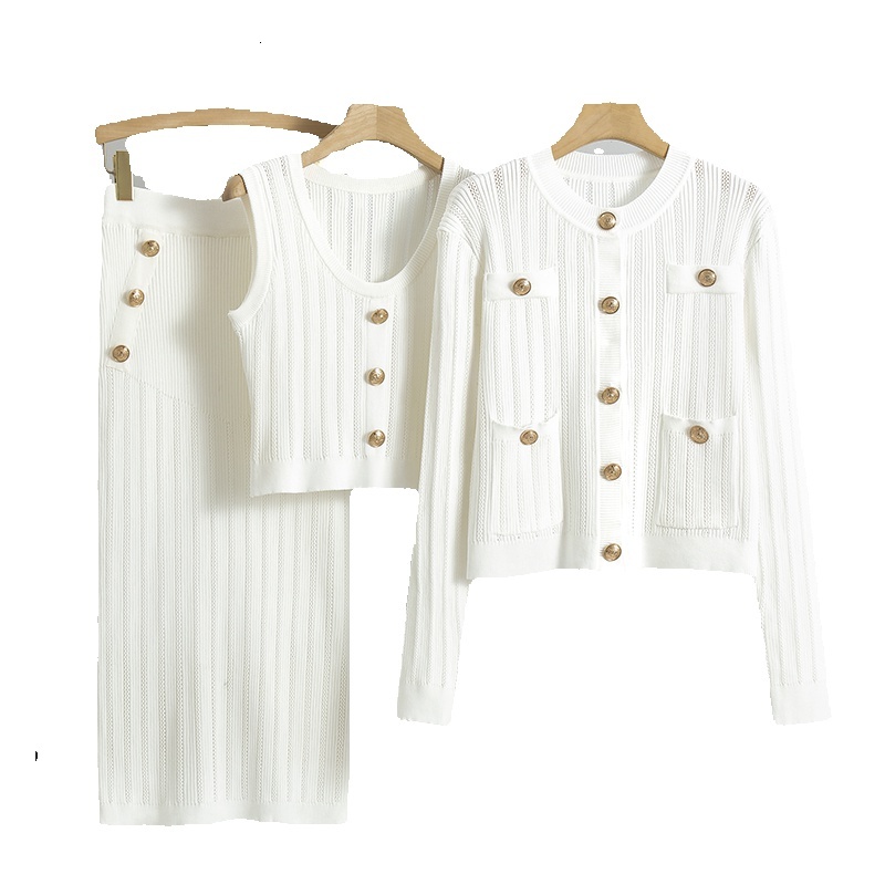 Korea Fashion Spring And Autumn Season Women's New Age Reducing Temperament Knitted Cardigan Midi Skirt 3 Piece Set