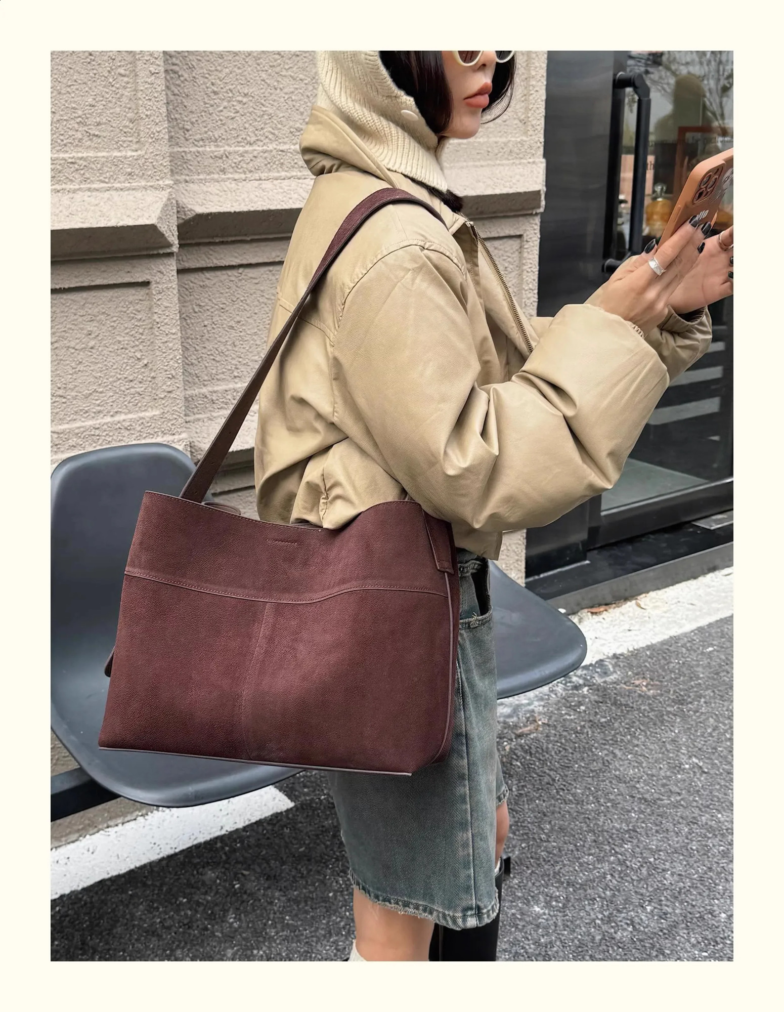winter matte suede cowhide womens handbag retro coffee highend warm color shoulder bag giant commuting travel 240913