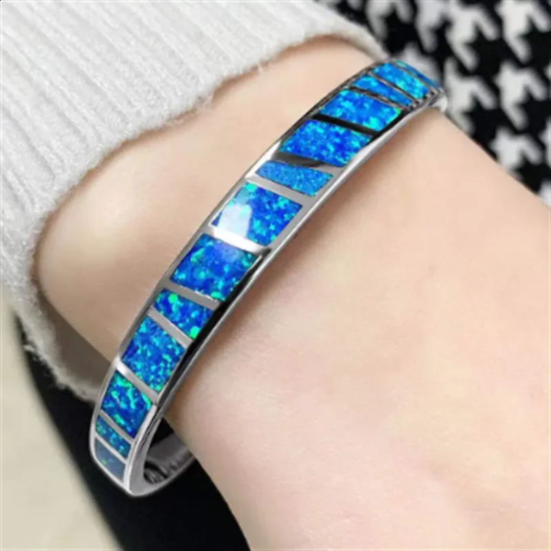 Blue Fire Opal Stone Open Bangles Silver Plated Adjustable Minimalist Bracelets Jewelry Gifts For Girl Women Custom Jewelry 240910