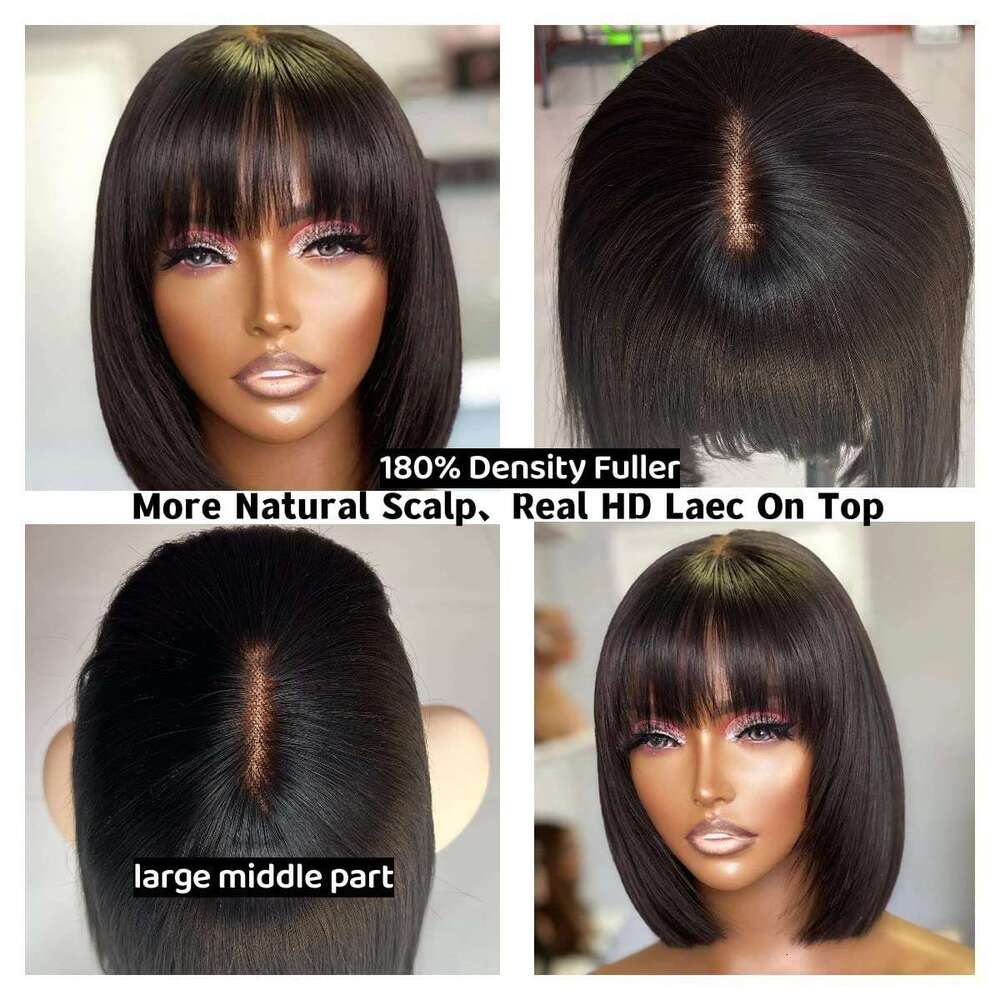 Brazilian Short Straight Wigs Human Hair With Bangs Remy Full Hine Made For Women Non Lace Glueless Bob Wig