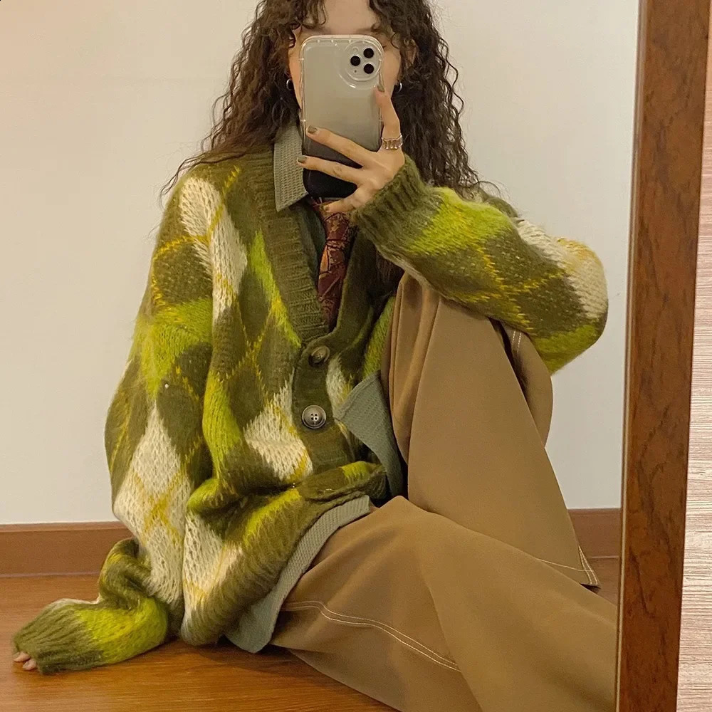 Retro American Style Loose Set Green Argyle Sweater cardigan Woolen Sweater Thick Casual Knitted Top 240914