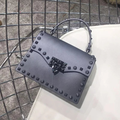 Fashion Jelly Bag Retro Rivet Womens PVC Handbag Simple Casual Portable Shoulder Square Horizontal 240913