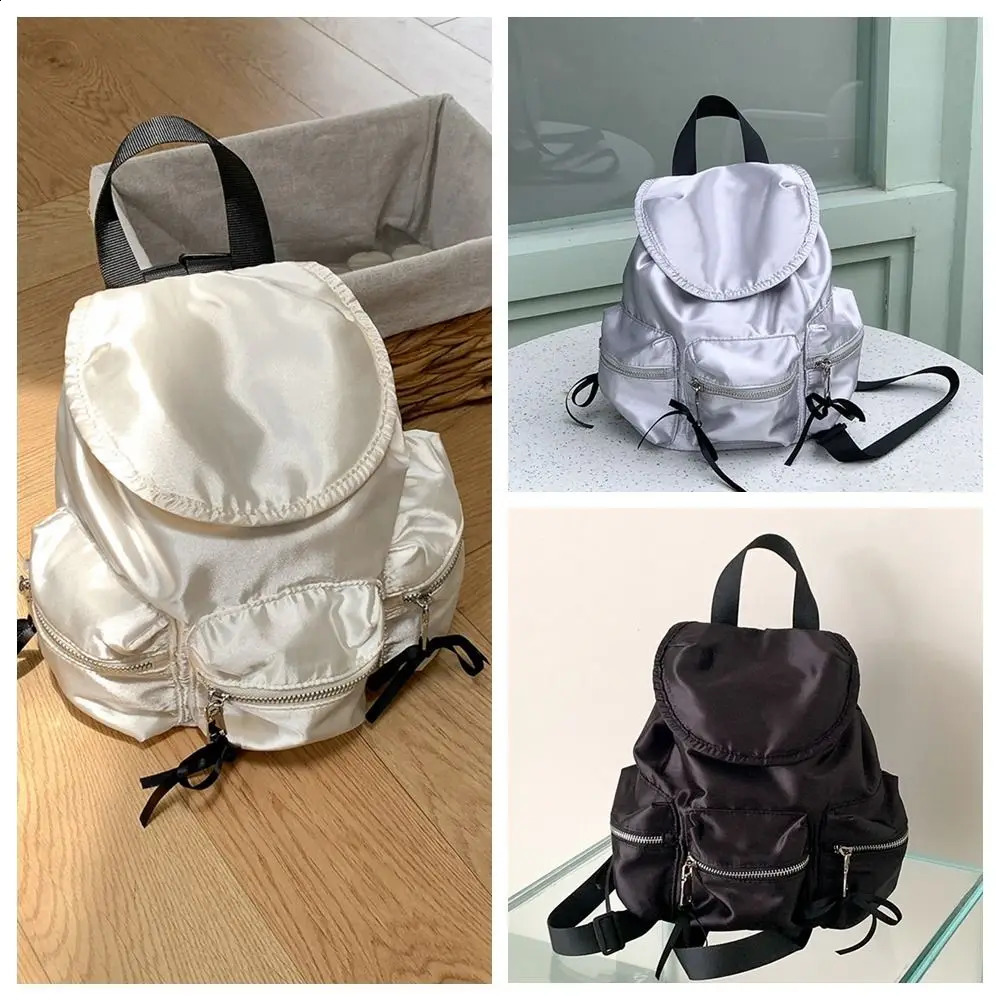 Sweet Korean Style Drawstring Backpack Preppy Silver Nylon Backpack Pearl Luster Ribbon Bow Shoulder Bag for Women 240912
