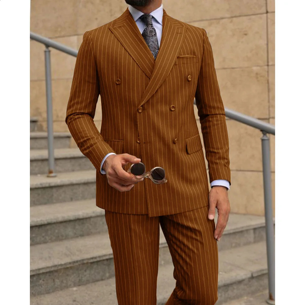 Mens Set of Twopiece Striped Double Breasted Dress Suit Elegant Man Gentleman Clothes Male Suits Formal Wedding Clothing 240914