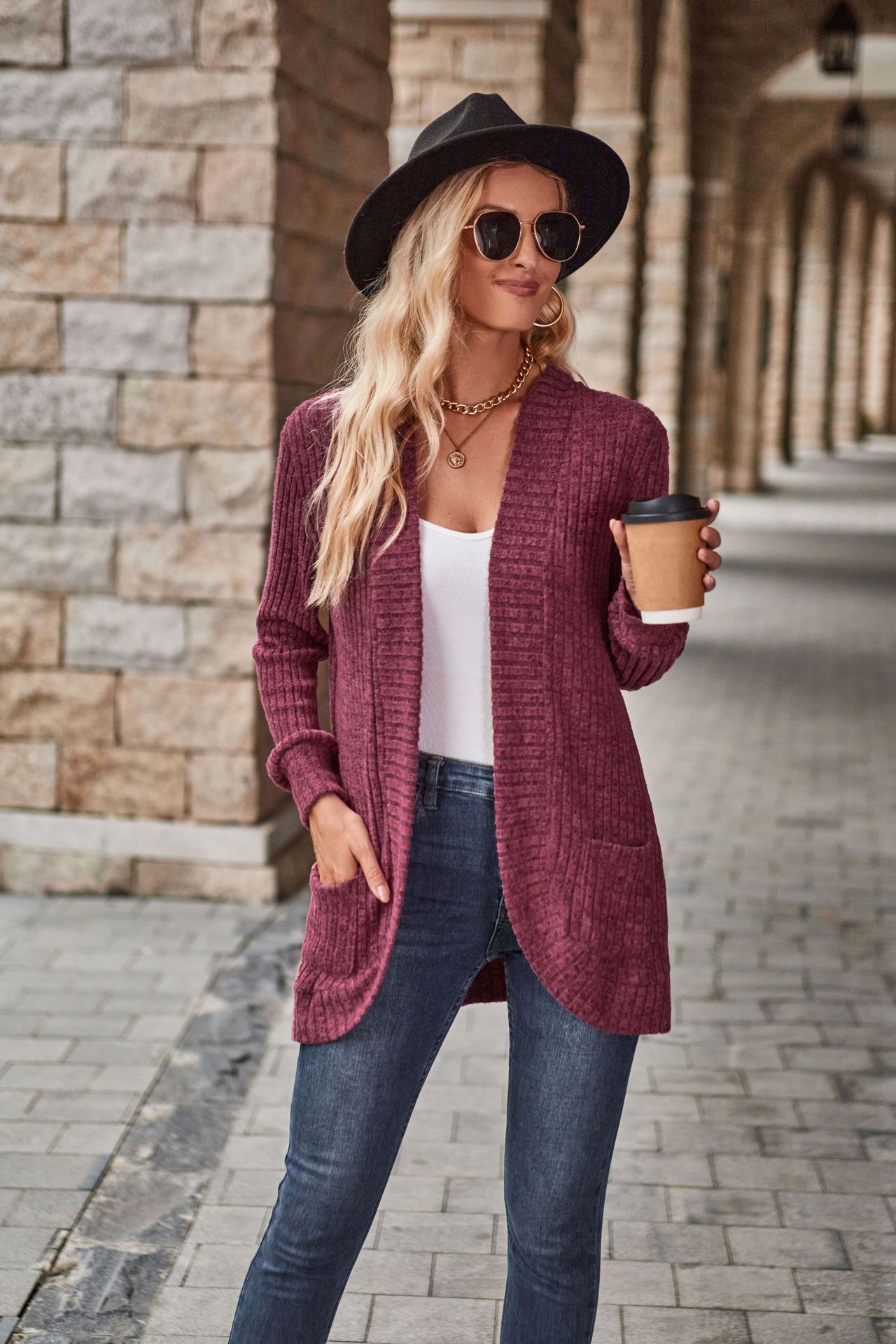 2024 Autumn New Product Solid Color Pit Strips Matted Women's Casual Splicing Long Sleeve Cardigan Coat