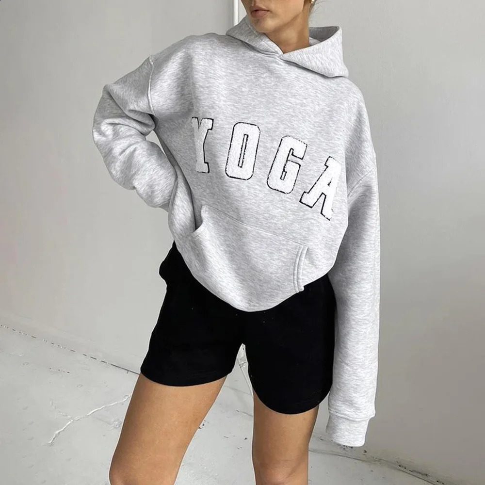 Fashion Casual Grey Embroidered Yoga Letter Solid Color Printed Loose Sports Hoodie Womens Shirt 240929