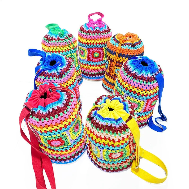 Bohemian crochet bucket shaped womens shoulder bag knitted grandmother square backpack handmade handbag casual travel 240913