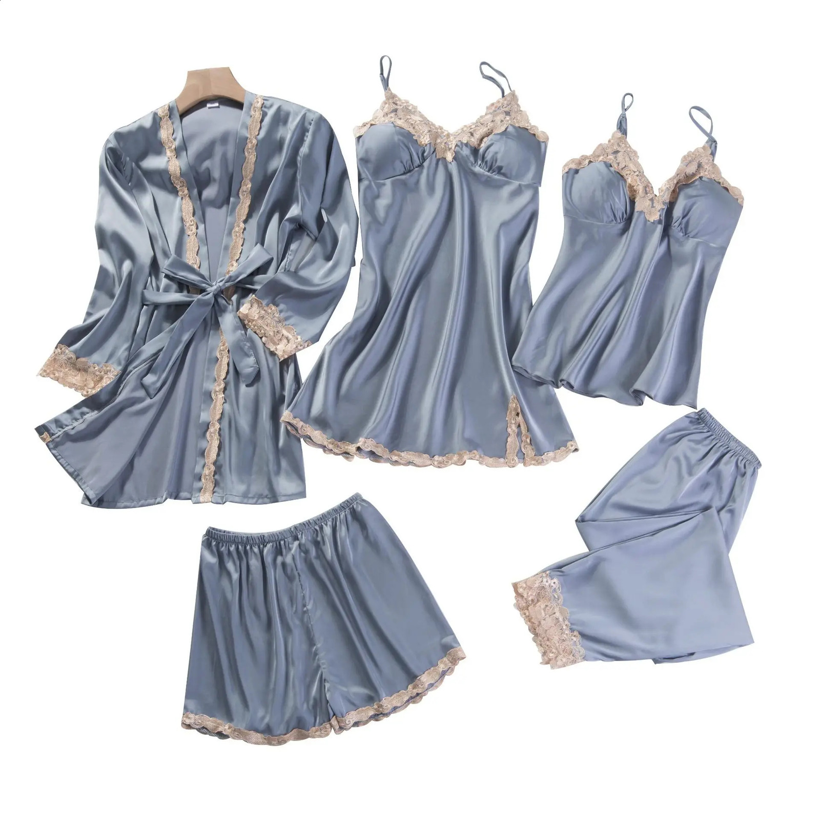 5 Pieces Pajamas Set Women Kimono Gown Satin Silk Sleepwear Casual Nightwear Intimate Lingerie With Lace Sexy Bathrobe Pyjamas 240913