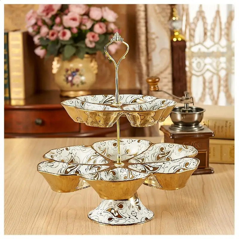 Ceramic double-layer fruit Epergne board decorative ceramic inlaid tableware 240911