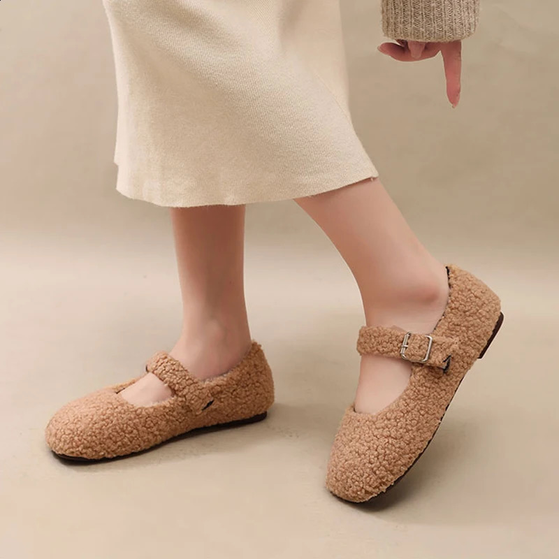 Elegant square toe Lambswool Mary Jane shoes for women fashionable Teddy fur ballet apartment for women warm winter plush coat in pink and green 24091