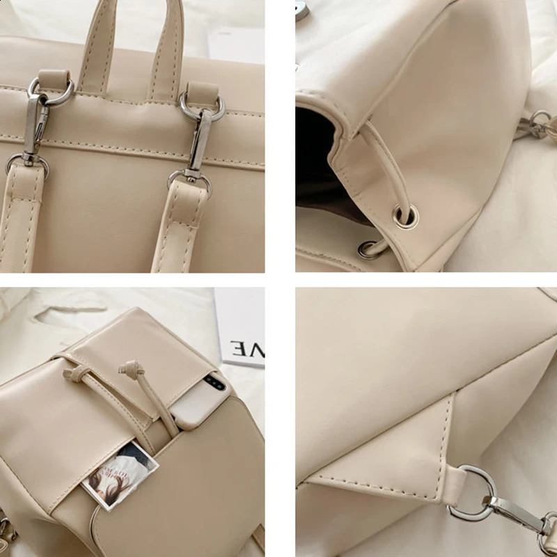 PU backpack womens Korean style String small Rucksack elegant womens large capacity travel retro full matching backpack student book 240912