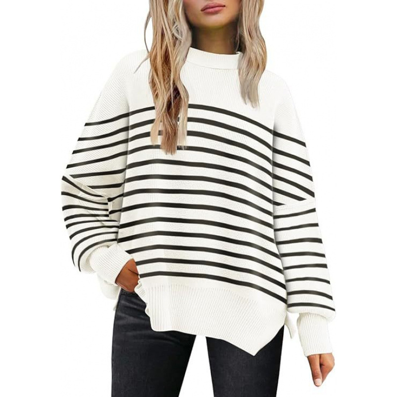 European and American women's round neck batwing long sleeved sweater 2024 new autumn casual knitted side slit pullover
