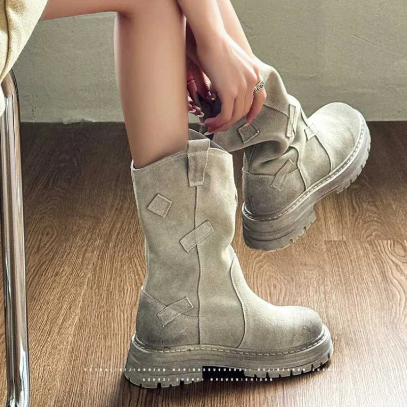 Womens retro western cowboy boots autumn mid-range round toe shoes outdoor anti slip er Botas Ankle Flats Mujer Zapatos 240914