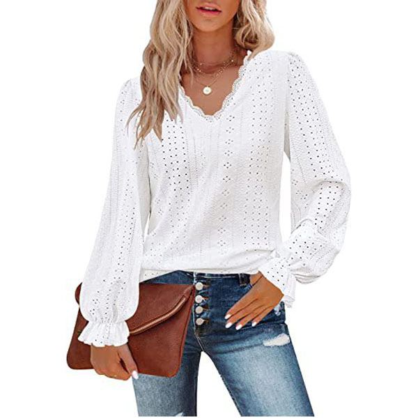 2024 new women's V-neck T-shirt autumn hollow out casual pleated sleeve top shirt