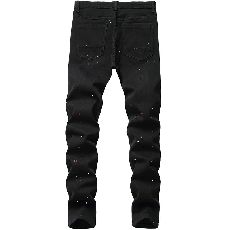 Denim Jeans Hole Fashion Lacquer Foot Casual Pants Stretch Regular Fit Black Long Hip Hop Mens Four Season Plus Size 240914