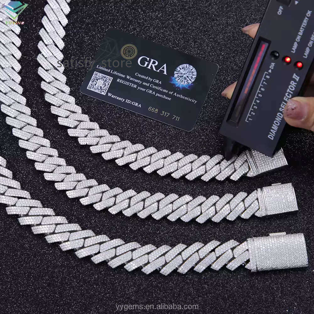 designer necklace moissanite chain silver necklace hip hop jewelry 15mm wide 2rows cuban link chains vvs moissanite white gold plated sterling sier cu