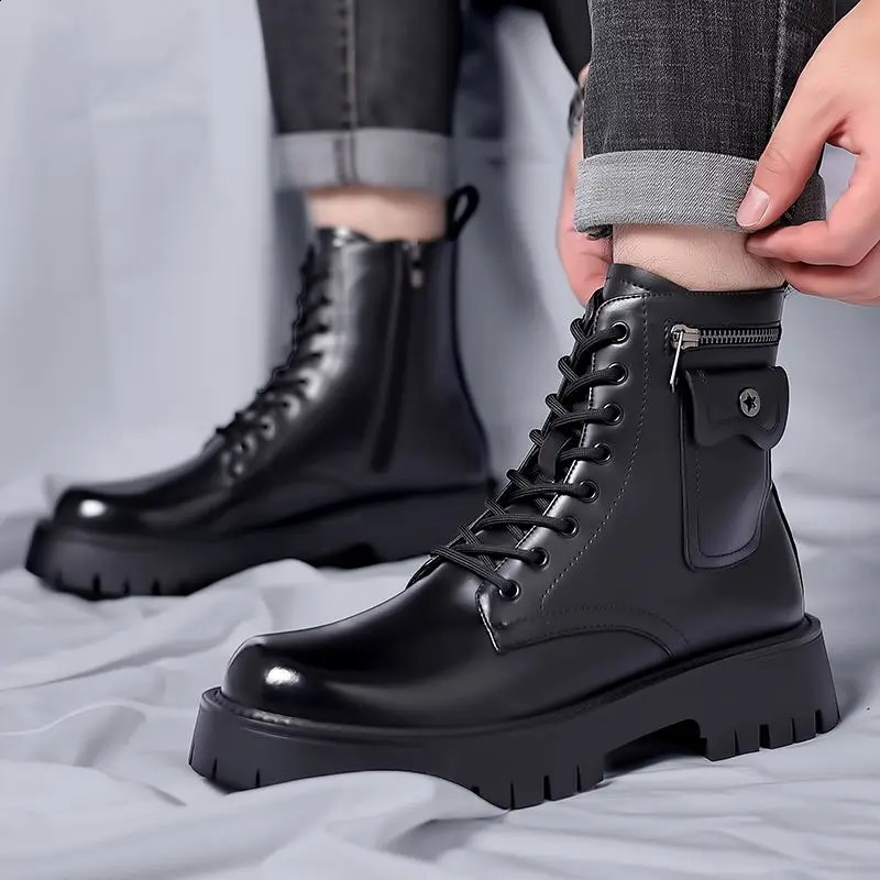 High Quality Men White Boots 2024 Fashion Zip n Mens Leather Boot Antislip Laceup Man Platform